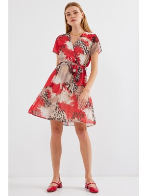 Mall Of Gkc 2502 Kısa Kol Desenli Şifon Elbise - Kırmızı