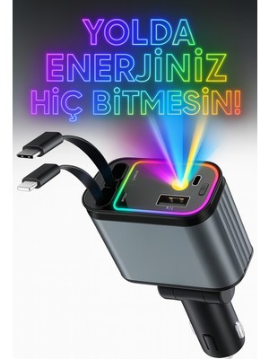 66W  LED Işık Tavan Aydınlatmalı 4ın1 Çift Kablolu Hızlı Şarj 3.4A Araç Içi Çakmaklık Şarj Aleti