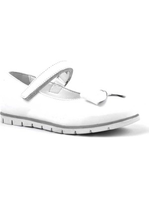 Rakerplus Hakiki Deri Beyaz Fiyonklu Cırtlı Kız Çocuk Babet Ayakkabı