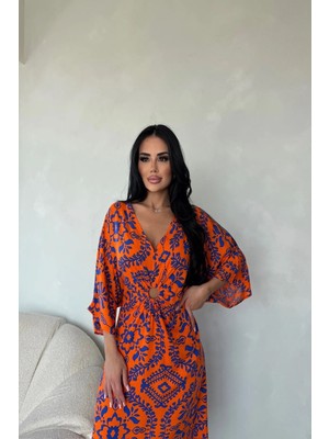 Kadın Yazlık V Yaka Halka Dekolteli Bilek Boy Dokuma Elbise 2E-2334