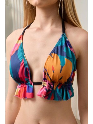 Bikini Üstü Üçgen Pileli Pembe Dev Yapraklı