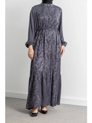 Etek Büzgü Detaylı Jakar Elbise - Gri - Yaprak