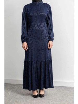 Etek Büzgü Detaylı Jakar Elbise - Lacivert - Yaprak