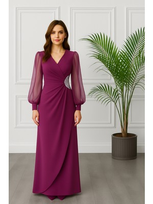 Kadın Beli Taşlı Şifon Kollu Krep Abiye Elbise 2784 Esnek Likralı Kumaş ile Zarif Görünüm