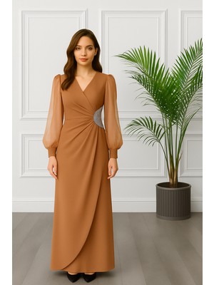 Ayşe Melek Taba Renkli Beli Taşlı Şifon Kollu Krep Abiye Elbise 2784 Kadınlar İçin Şık ve Rahat