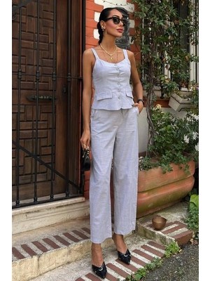 Janes Kalın Askılı Bluz Pantolon Keten Takım 10187