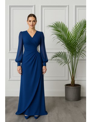 Kadın Beli Taşlı Şifon Kollu Krep Abiye Elbise 2784 Esnek Kumaş ile Şık ve Rahat Kullanım