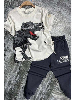 Erkek Çocuk Dinazor Digital Baskı ve Yazı Detaylı T-Shirt Siyah Eşofman Takım