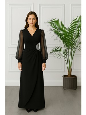 Kadın Beli Taşlı Şifon Kollu Krep Abiye Elbise 2784 Esnek Kumaş ve Şık Detaylarla