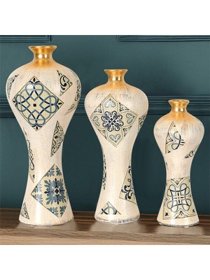 3'lü Elegance Vazo Seti - Seramik Mavi Etnik Desenli Dekoratif Vazo