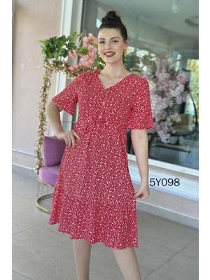 Kadın V Yaka Düğmeli Yazlık Dokuma Midi Elbise 4C-2330