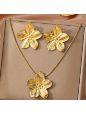 Kadın Gold Çiçek Formlu Takı Seti – Paslanmaz Çelik Kolye ve Küpe