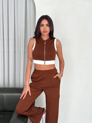 Mall Of Gkc Osy Modal Yumuşak Dokulu Kumaş Tam Fermuarlı Crop Pantalon Ikili Takım - Kahverengi