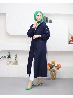 Kadın Cepli Düğmeli Lacivert Kot Kap