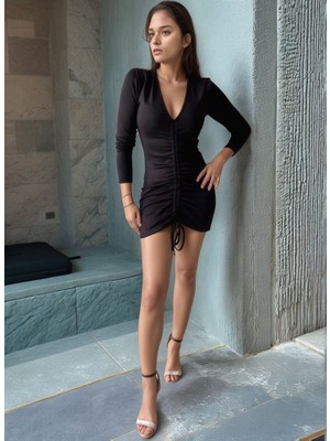 Mall Of Gkc Kadın V Yaka Önü Asansör Büzgü Detay Fırsat Ürün Mini Elbise