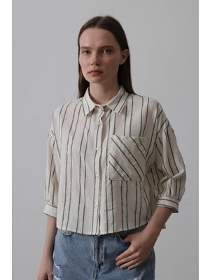 Mall Of Gkc Çizgili Kısa Gömlek - Bej-Yeşil