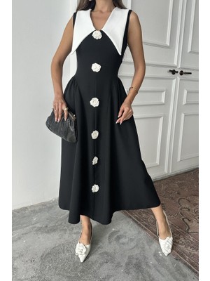 Mall Of Gkc Siyah Gül Detaylı Atlas Elbise