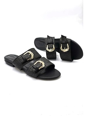 Kindep Çift Toka Detaylı Günlük Kadın Terlik Siyah