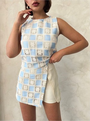 Kadın Yazlık Bisiklet Yaka Kroşata Motifli Güpür Bluz 3D-2341