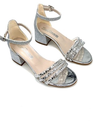 Kindep Ayna Taş Biyeli Topuklu Kız Çocuk Abiye Ayakkabı Gumüş