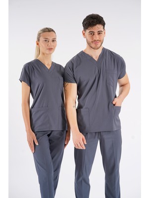 Lion Üniforma Füme Dr. Greys Modeli Likralı Hemşire Forması Yarasa Kol Doktor Scrubs Hastane Takımı