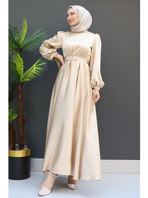 Saten Kemerli Elbise Gold
