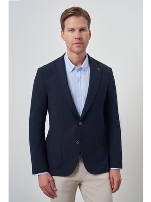  Erkek Lacivert Dokuma Slim Fit Mono Yaka Ceket