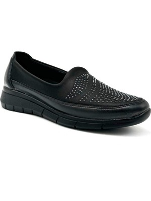 Kindep Içi Deri Poli Hafif Taban Damla Taş Detaylı Günlük Kadın Ayakkabı Siyah