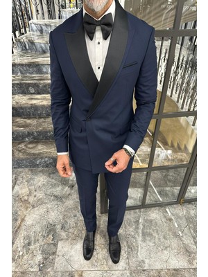 Lacivert Damatlık Çıkma Yakalı Kruvaze Takım Elbise - Slim Fit