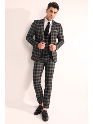 Fc Plus SiYAH EKOSE YELEKLİ ERKEK TAKIM ELBİSE - SLIM FIT