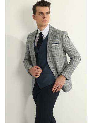 Fc Plus LACiVERT KOMBİNLİ YELEKLİ ERKEK TAKIM ELBİSE - SLIM FIT