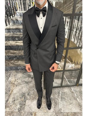 Füme Damatlık Çıkma Yakalı Kruvaze Takım Elbise - Slim Fit