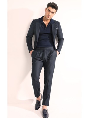 Fc Plus Lacivert Düz Armür Erkek Takım Elbise - Slım Fıt