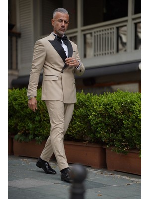 Fc Plus BEJ DAMATLIK ÇIKMA YAKALI KRUVAZE TAKIM ELBİSE - SLİM FİT