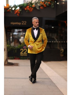 Fc Plus SARI DAMATLIK ŞAL YAKA TAKIM ELBİSE SLİM FİT