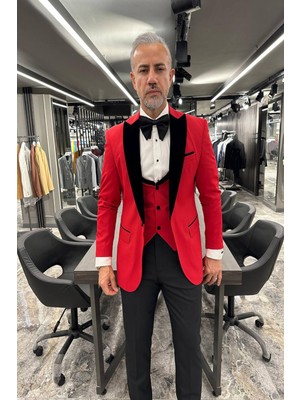  Damatlık Yelekli Kırmızı Takım Elbise