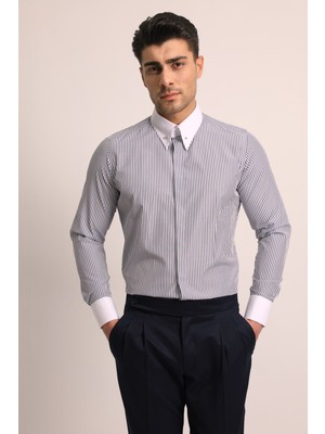 Fc Plus Lacivert Iğneli Sivri Yaka Erkek Gömlek - Slım Fıt