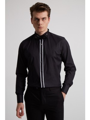 Fc Plus Siyah Biyeli Ata Yaka Pamuk Erkek Gömlek - Slım Fıt