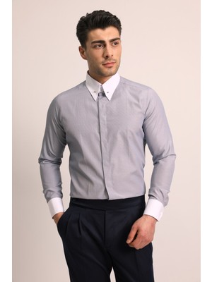 Fc Plus Mavi Iğneli Sivri Yaka Erkek Gömlek - Slım Fıt
