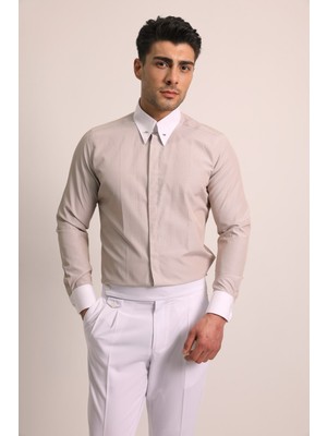 Fc Plus Bej Iğneli Sivri Yaka Erkek Gömlek - Slım Fıt