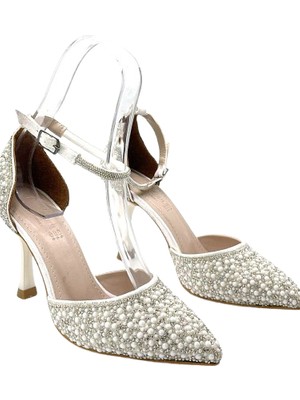 Kindep (Öz Maça) Inci Detaylı Topuklu Kadın Abiye Ayakkabı Beyaz