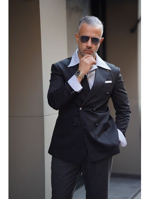 Siyah Kruvaze Tek Ceket - Slim Fit