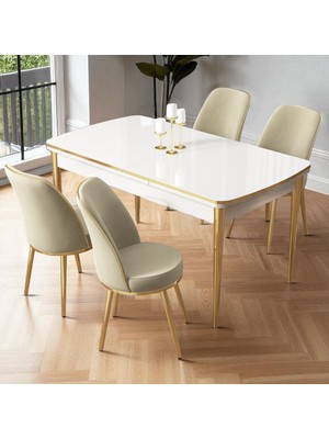 Nira Serisi 70X114 Mdf Açılabilir Beyaz Mutfak Masa Takımı 4 Krem Sandalye Gold Detay