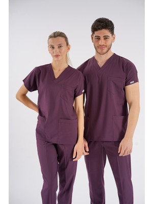 Lion Üniforma Mürdüm Dr. Greys Modeli Likralı Hemşire Forması Yarasa Kol Doktor Scrubs Hastane Takımı