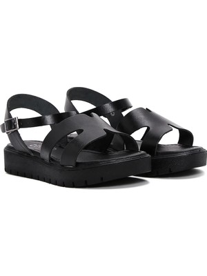 Beyaz (London) Hakiki Deri Poli Hafif Taban Günlük Kadın Sandalet Siyah