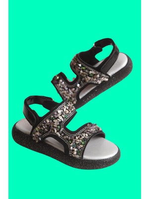 Kindep (Arzen) Taş Detaylı Günlük Ortopedik Kız Çocuk Sandalet Ayakkabı Siyah
