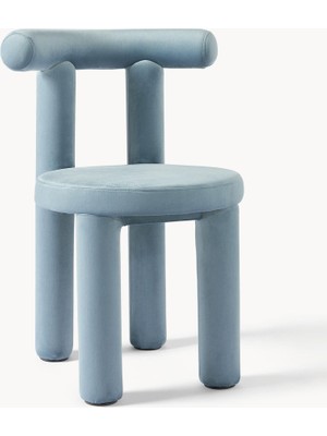 Calan Kadife Sandalye – Kavisli Tasarım, Açık Mavi Kadife, 35 Kg/m³ Dolgu, Modern Şıklık