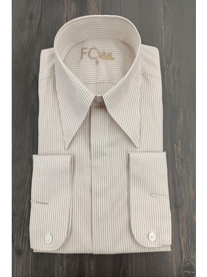  Uzun Yaka Çizgili Bej Gömlek