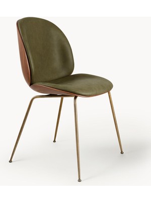 Beetle Suni Deri Sandalye - Zeytin Yeşili, Ahşap Oturaklı