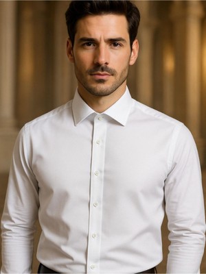 Erkek Slim Fit Pamuk Saten Dar Kesim Beyaz Pamuklu Gömlek